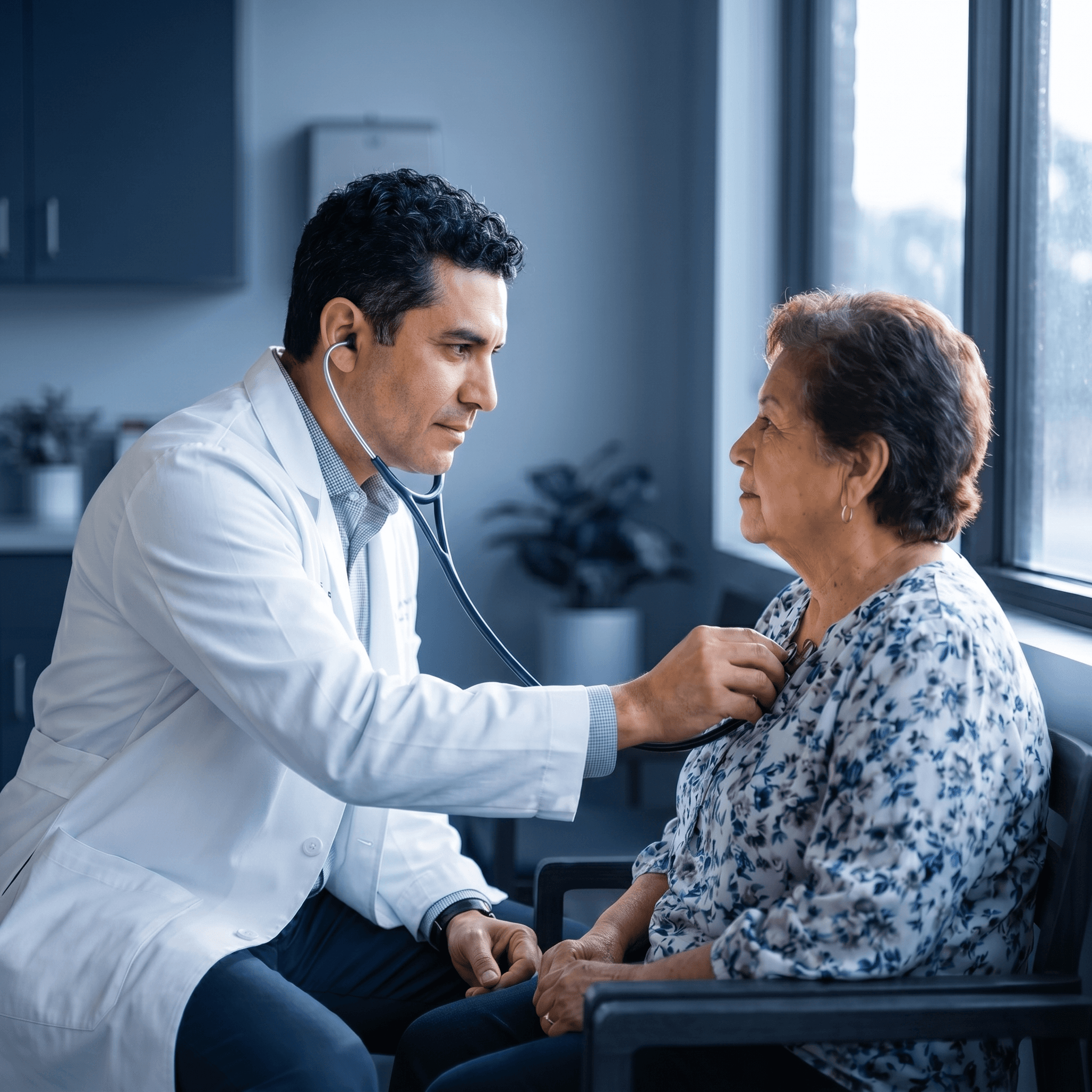 An MVPA member physician examining an elderly patient with a stethoscope in a sunlit Mid Valley exam room.
