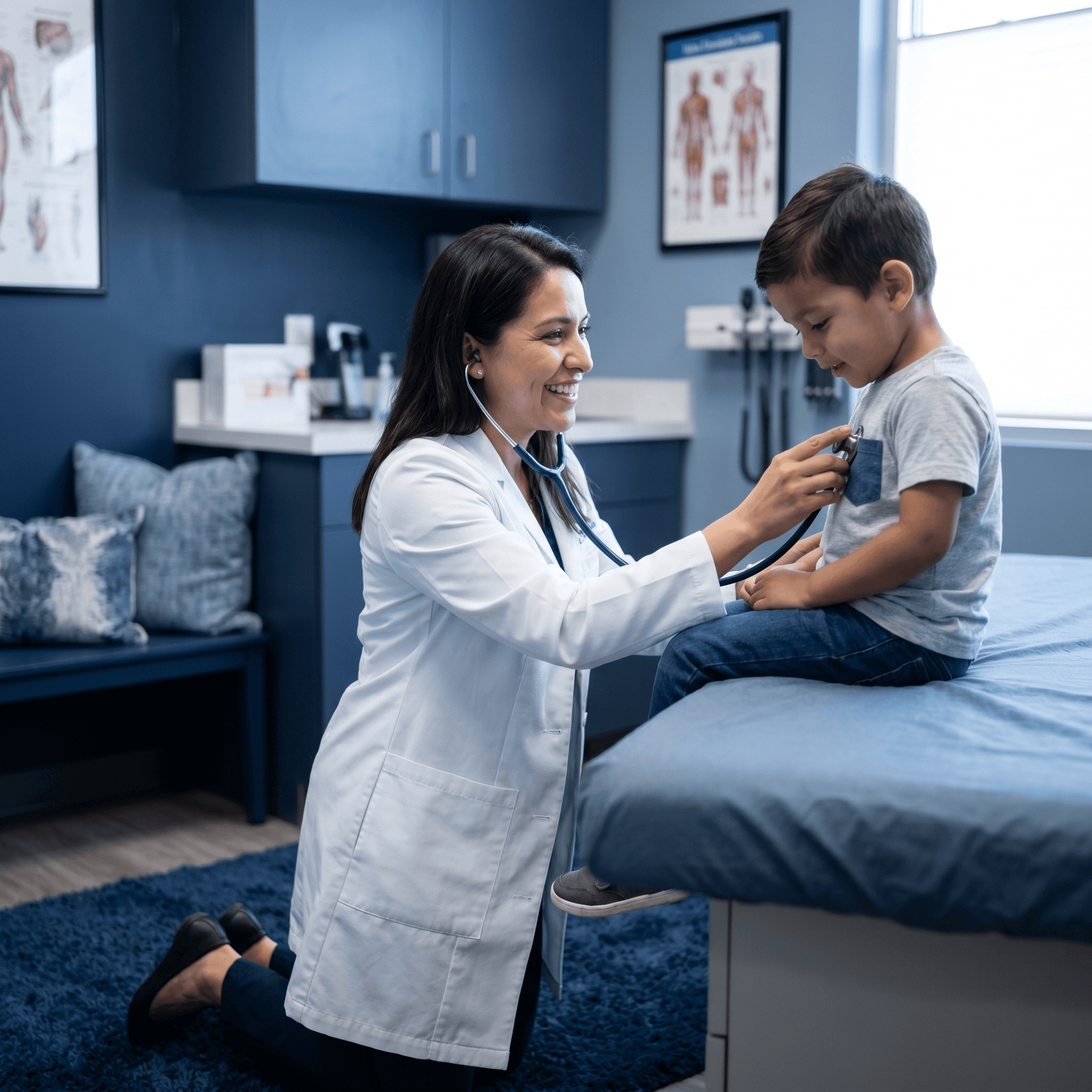 An MVPA member pediatrician listening to a young child's heart with a stethoscope in a Mid Valley exam room.